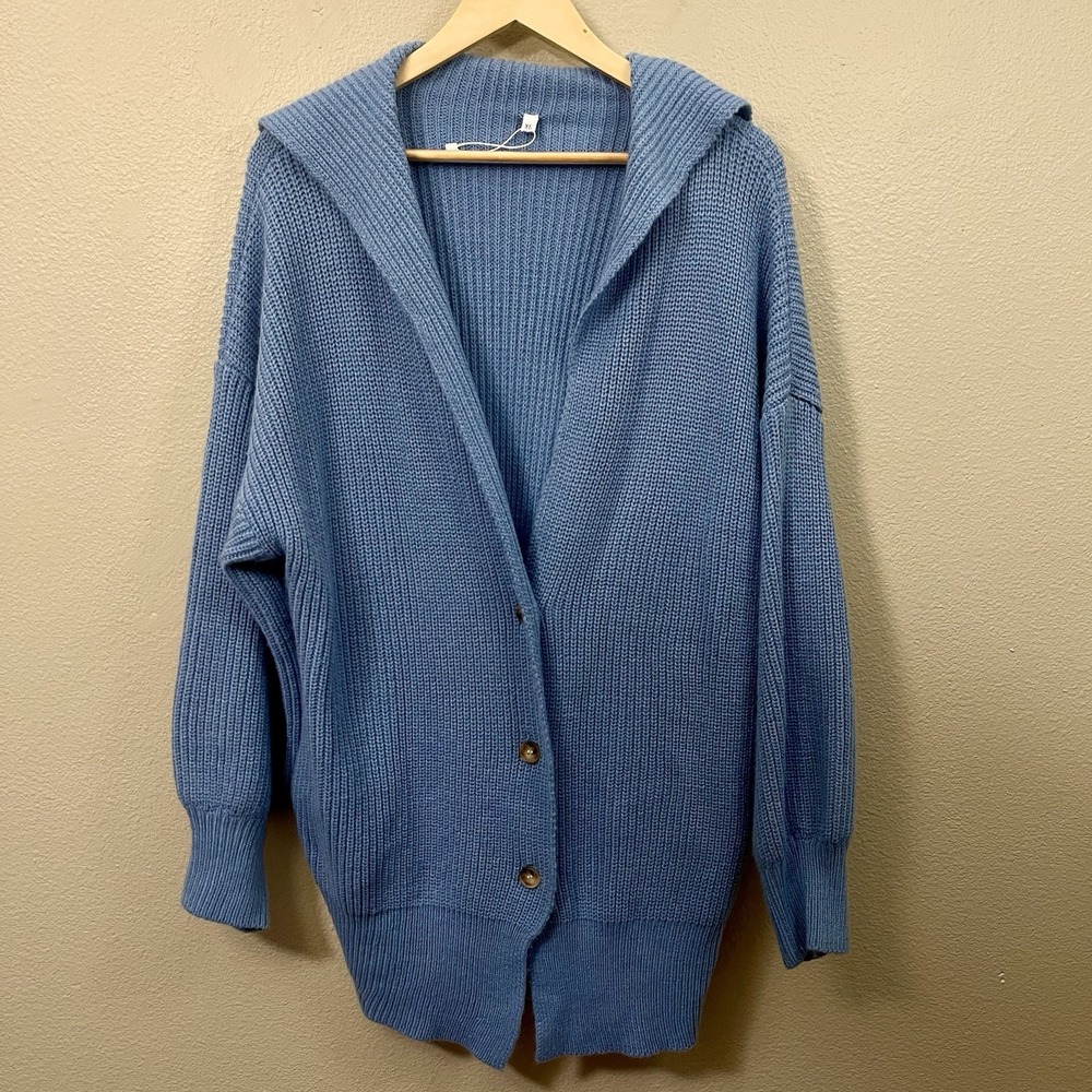 NWOT Chunky Blue Knit Cardigan Wide Collar V-neck Pockets Costal Academia Sz XL